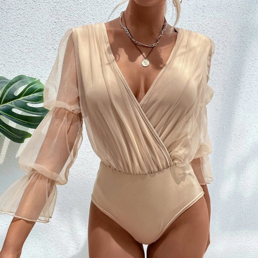 Mesh sleeved v-neck Bodysuit top - Picture 2 of 4